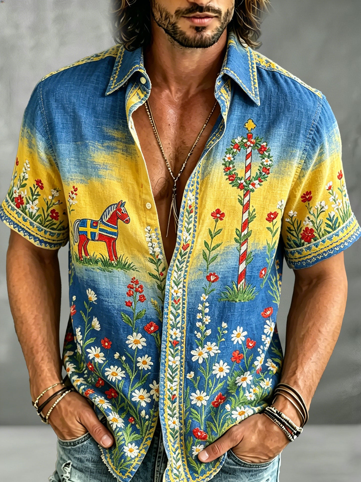 Men's Swedish Midsummer Festival Commemorative Art Print Short-Sleeve Shirt