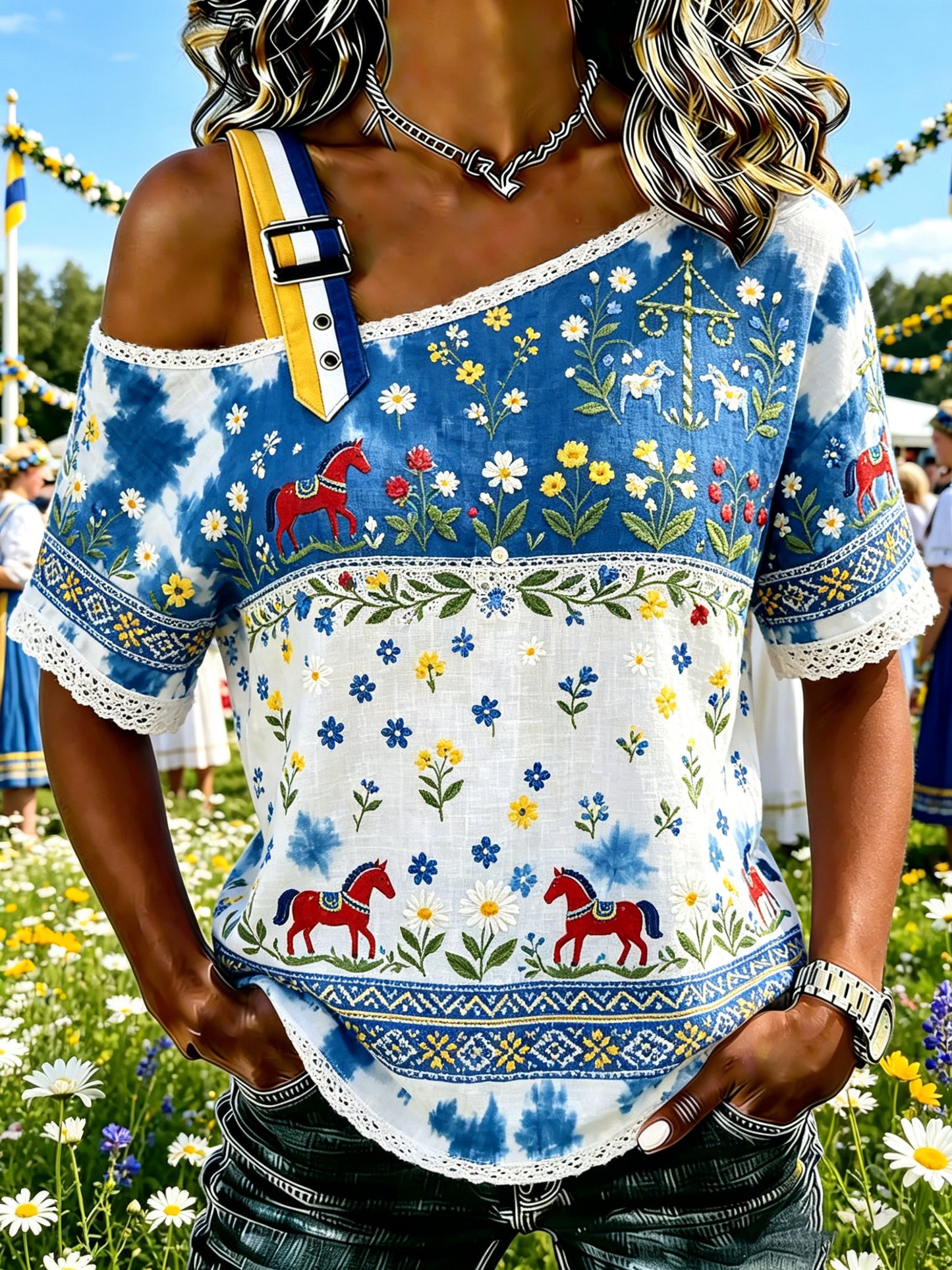 Women's Swedish Midsummer Festival Commemorative Art Print Off-Shoulder Top