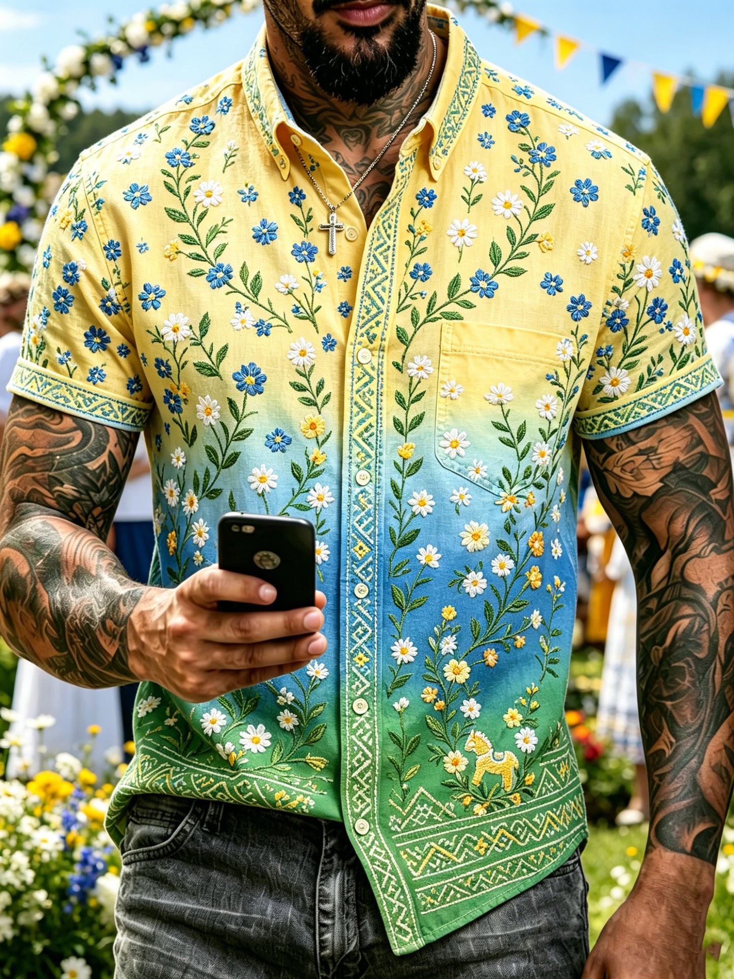 Men's Swedish Midsummer Festival Commemorative Art Print Short-Sleeve Shirt