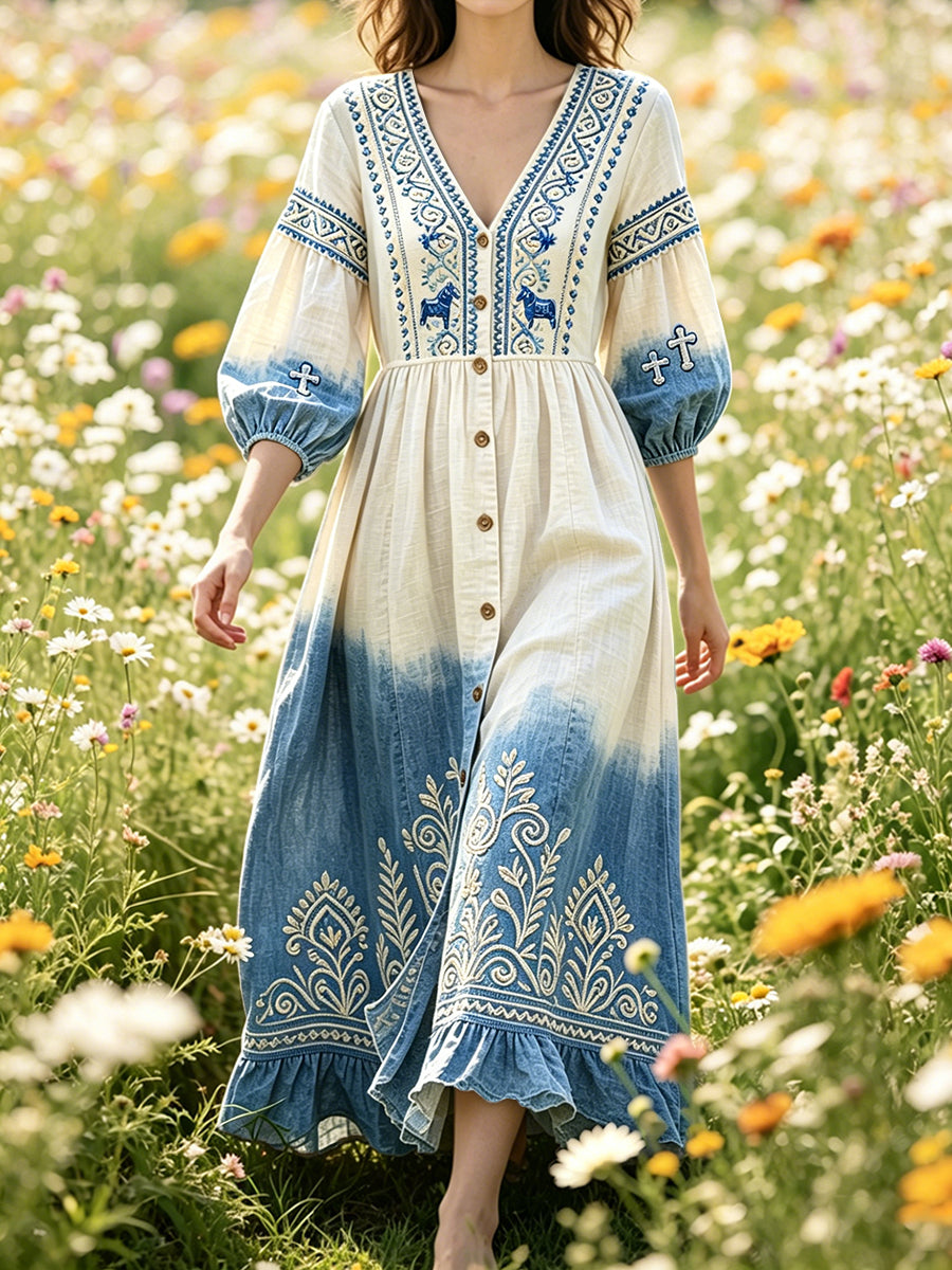 Women’s Swedish Midsummer Blue Gradient Print Casual V-neck Dress
