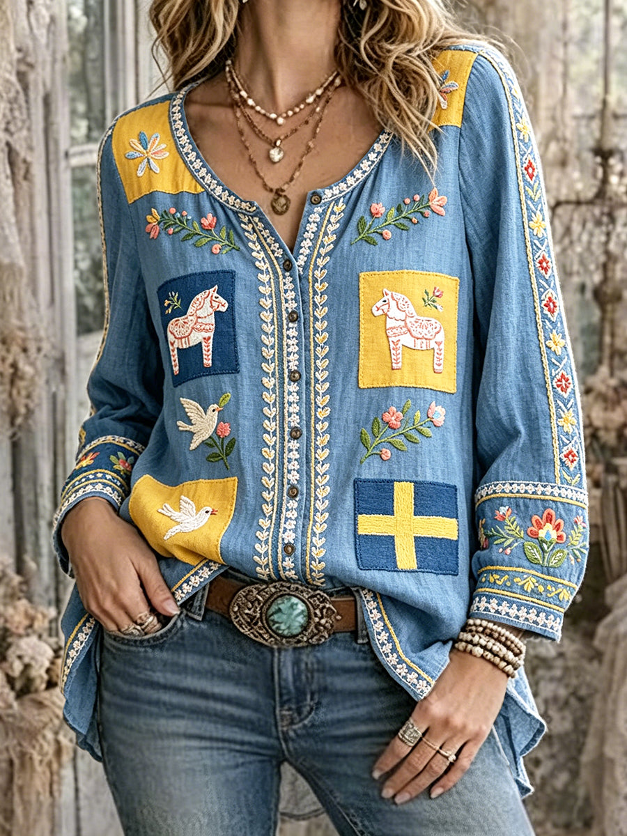 Women’s Sky Blue Swedish Midsummer Patchwork Print Casual Cotton-Linen Shirt
