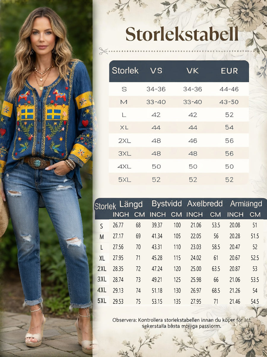 Women’s Swedish Midsummer Patchwork Print Casual Cotton-Linen Shirt