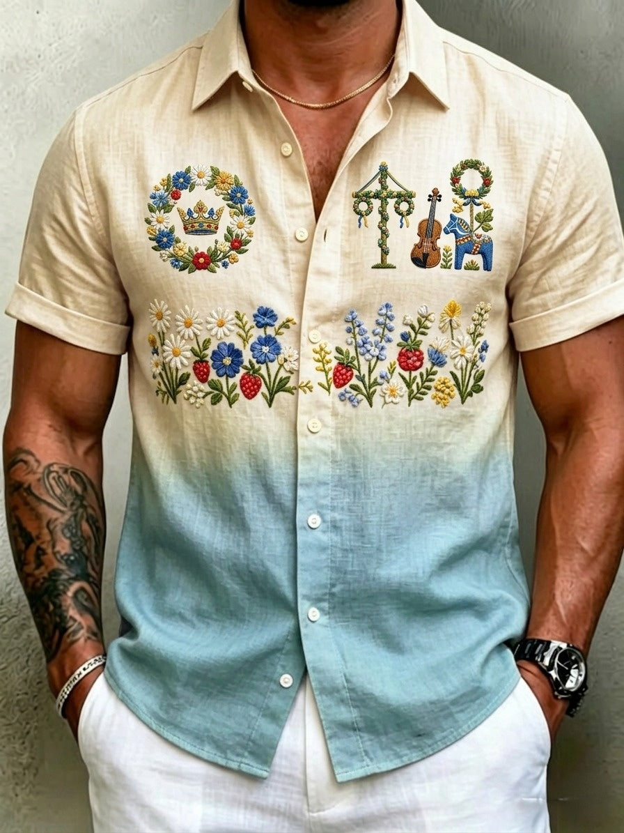 Men's Retro Swedish Midsummer Folk Floral Cotton-Linen Short-Sleeve Shirts