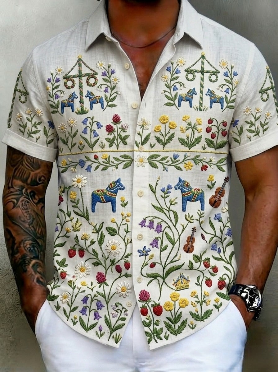 Men's Retro Swedish Midsummer Folk Floral Cotton-Linen Short-Sleeve Shirts