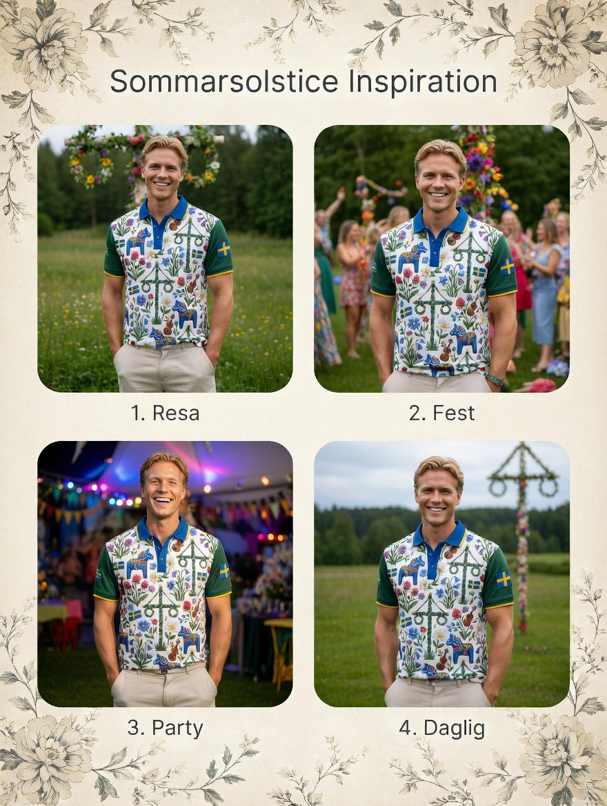 Men's Retro Swedish Midsummer Art Print Short-Sleeve Polo Shirt