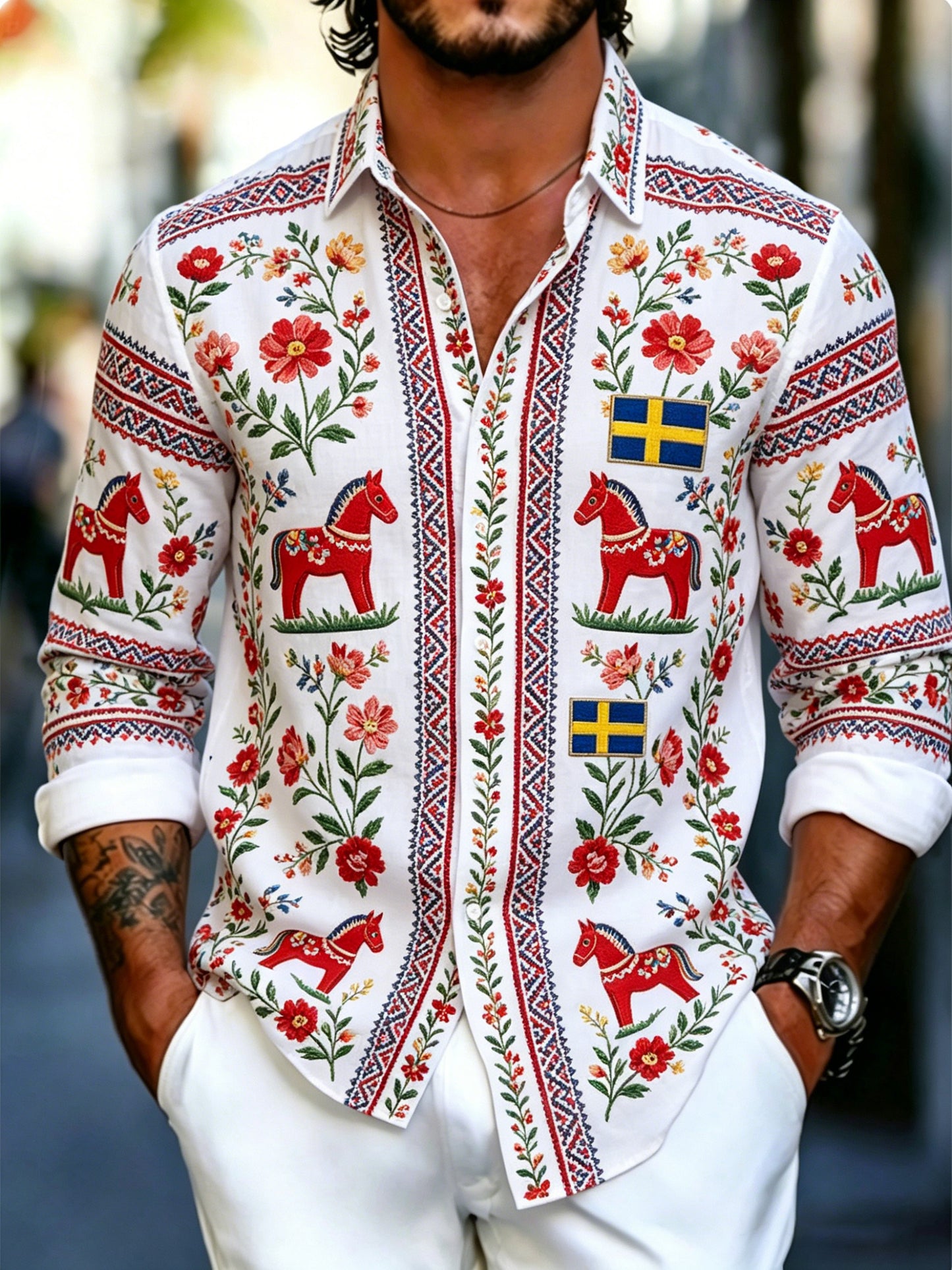 Men's Swedish Flag Color Scheme Art Print Long-Sleeved Shirt