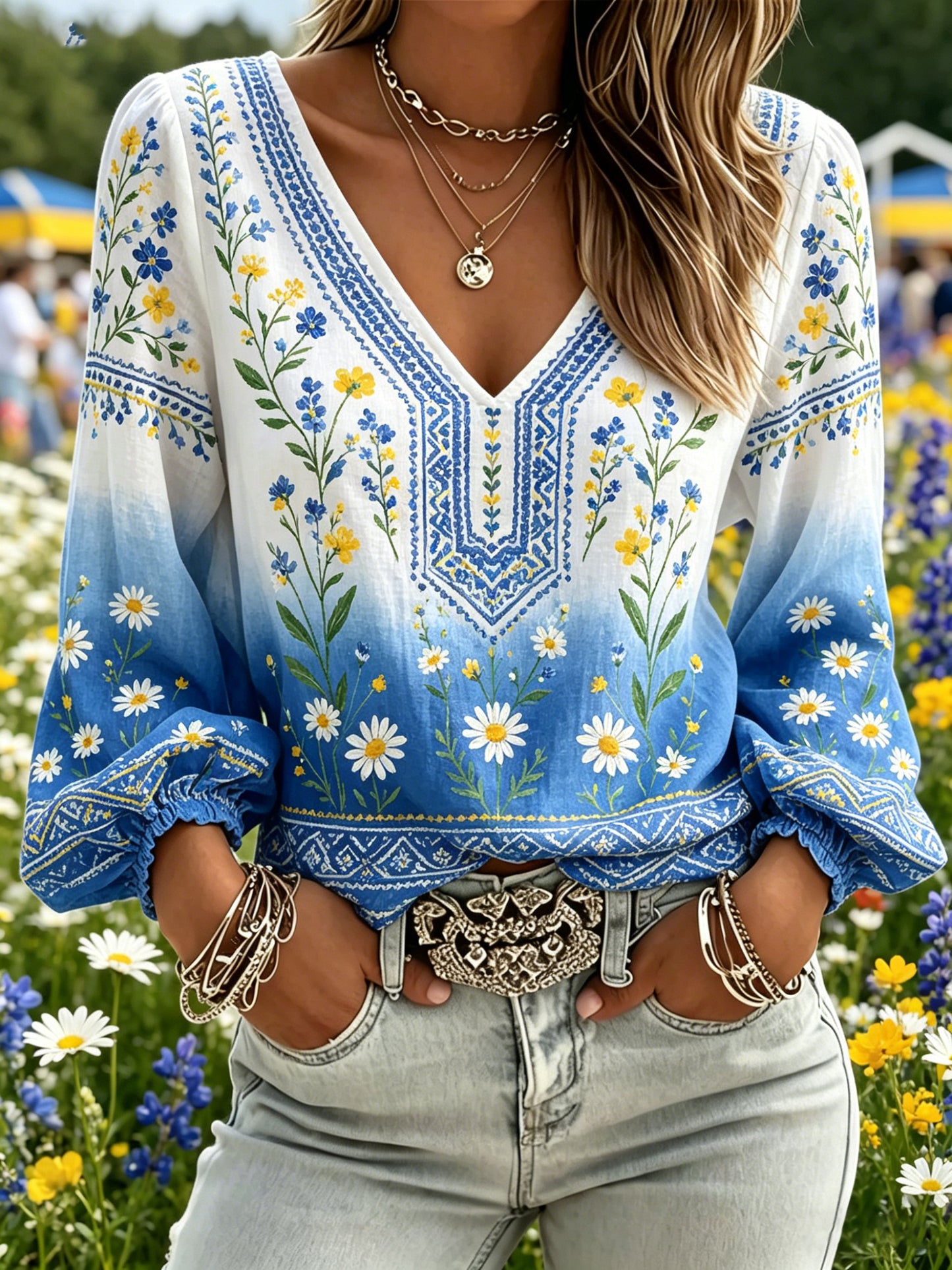 Women's Midsummer Floral Print Gradient V-Neck Top