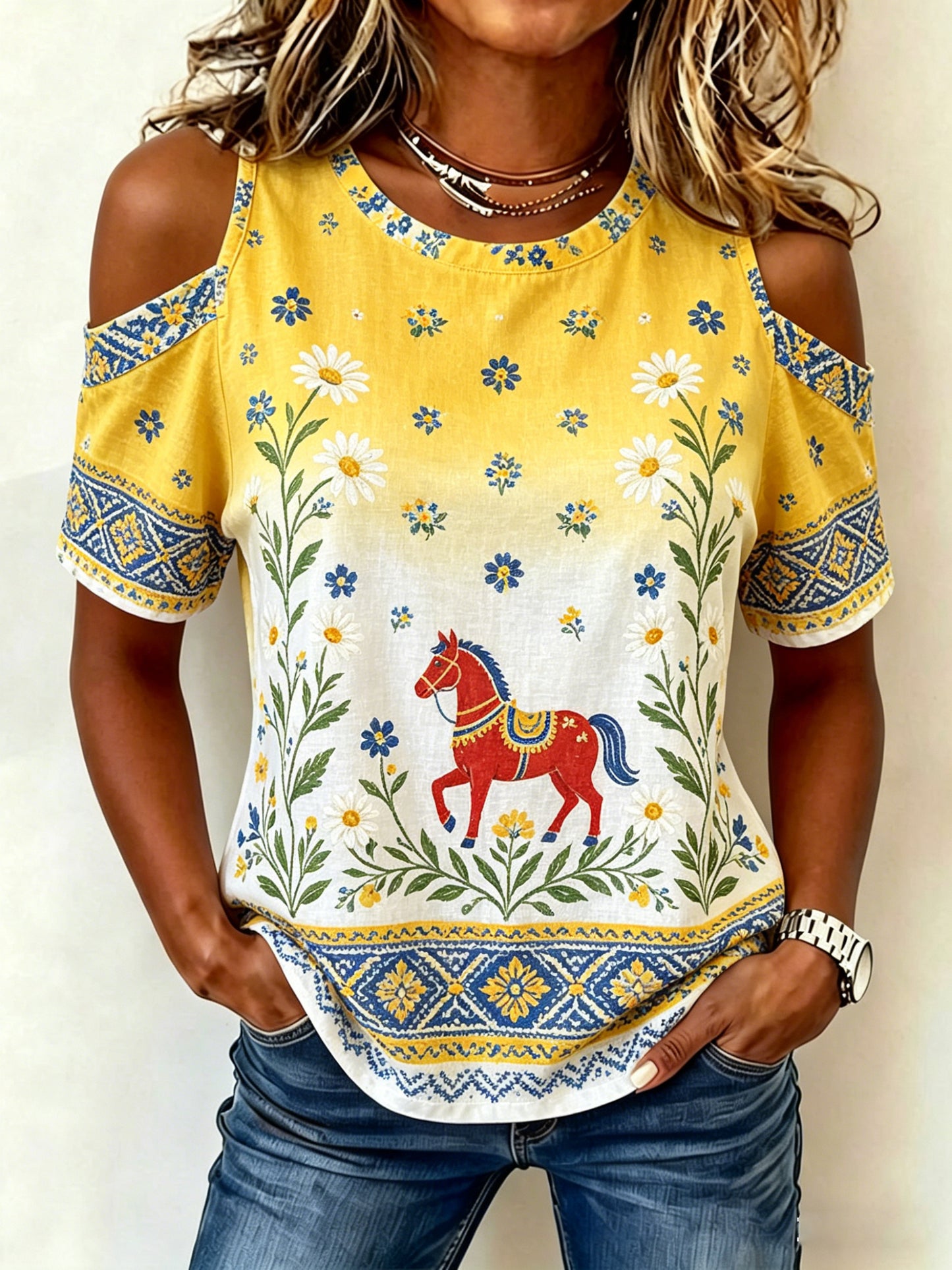 Women's Midsummer Festival Floral Art Print Off-Shoulder T-Shirt