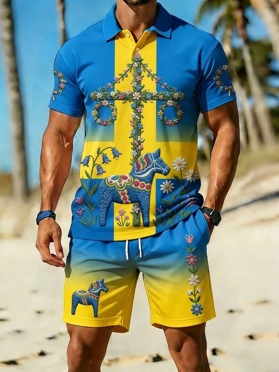 Men's Retro Swedish Midsummer Folk Floral Print Casual Polo & Shorts Set