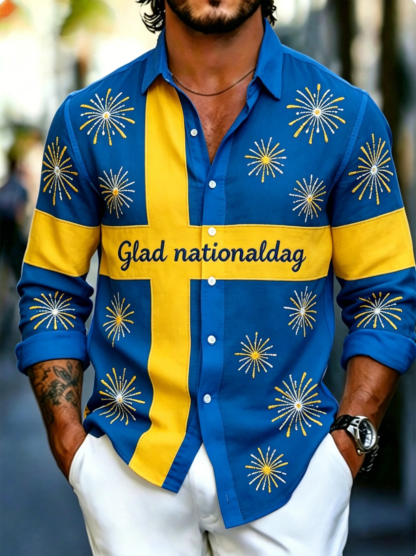 Men's Swedish National Day Commemorative Art Print Long-Sleeve Shirt
