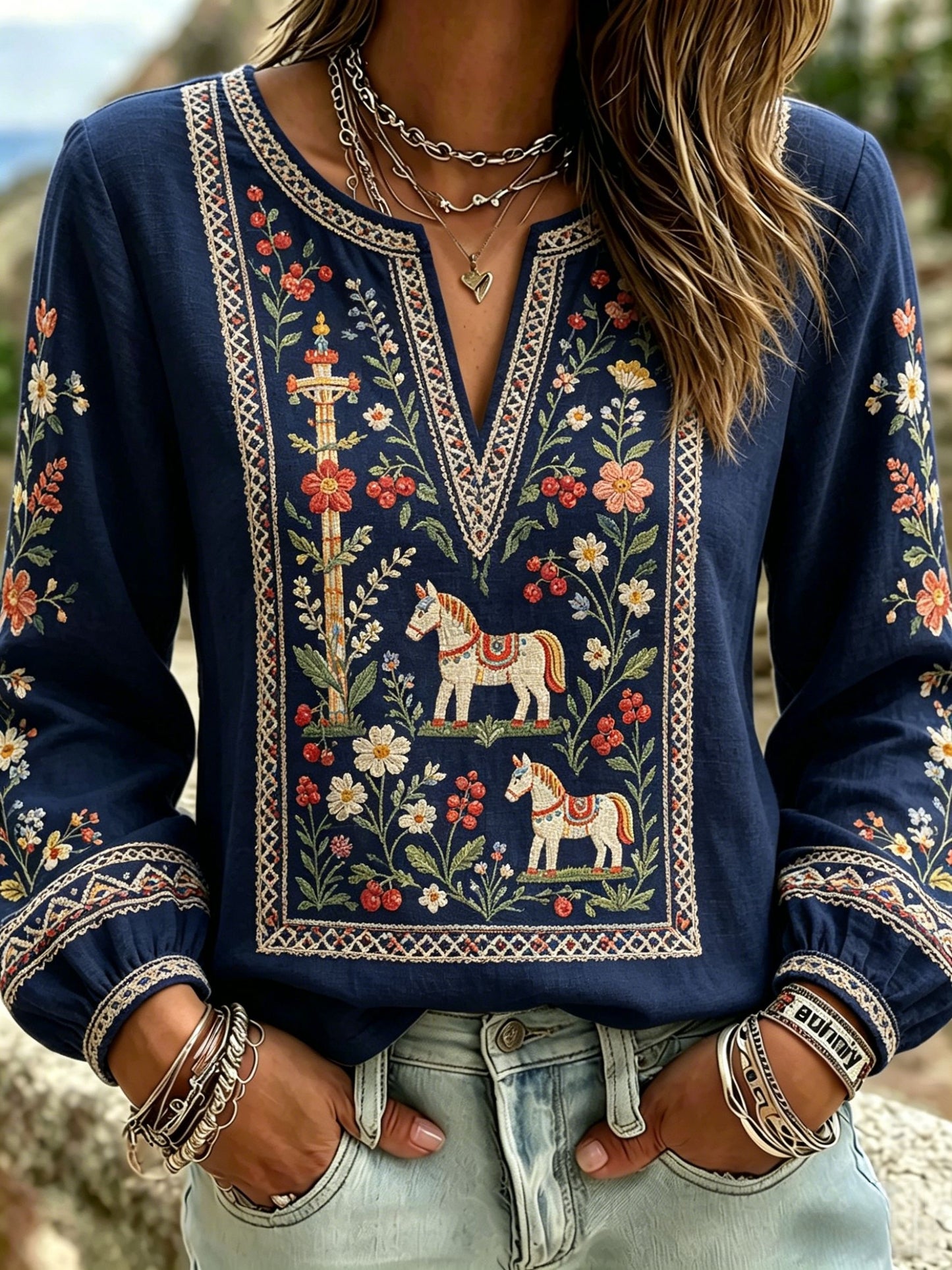 Women's Retro Swedish Midsummer Folk Floral Cotton-Linen Blouse