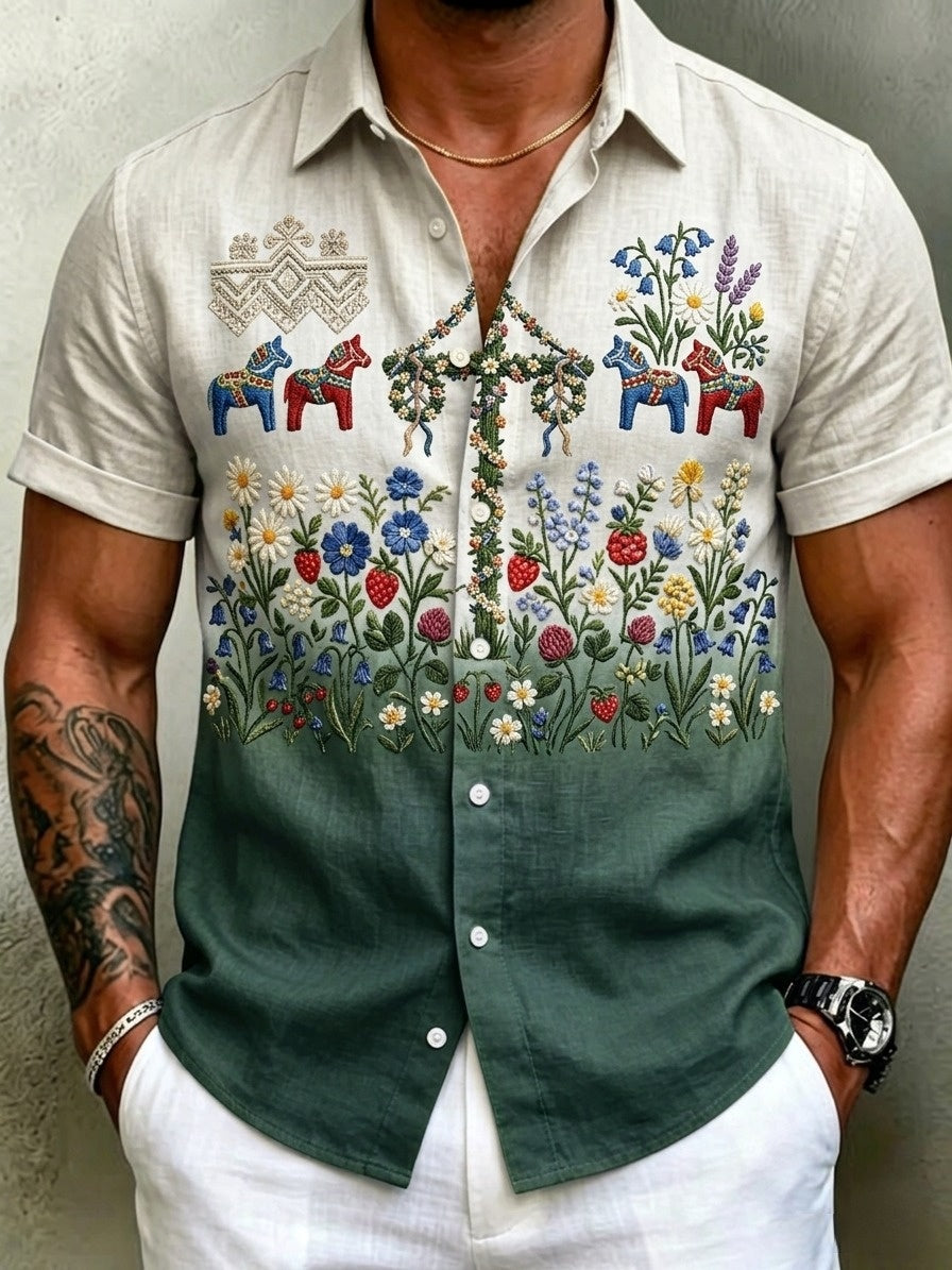 Men's Retro Swedish Midsummer Folk Floral Cotton-Linen Short-Sleeve Shirts