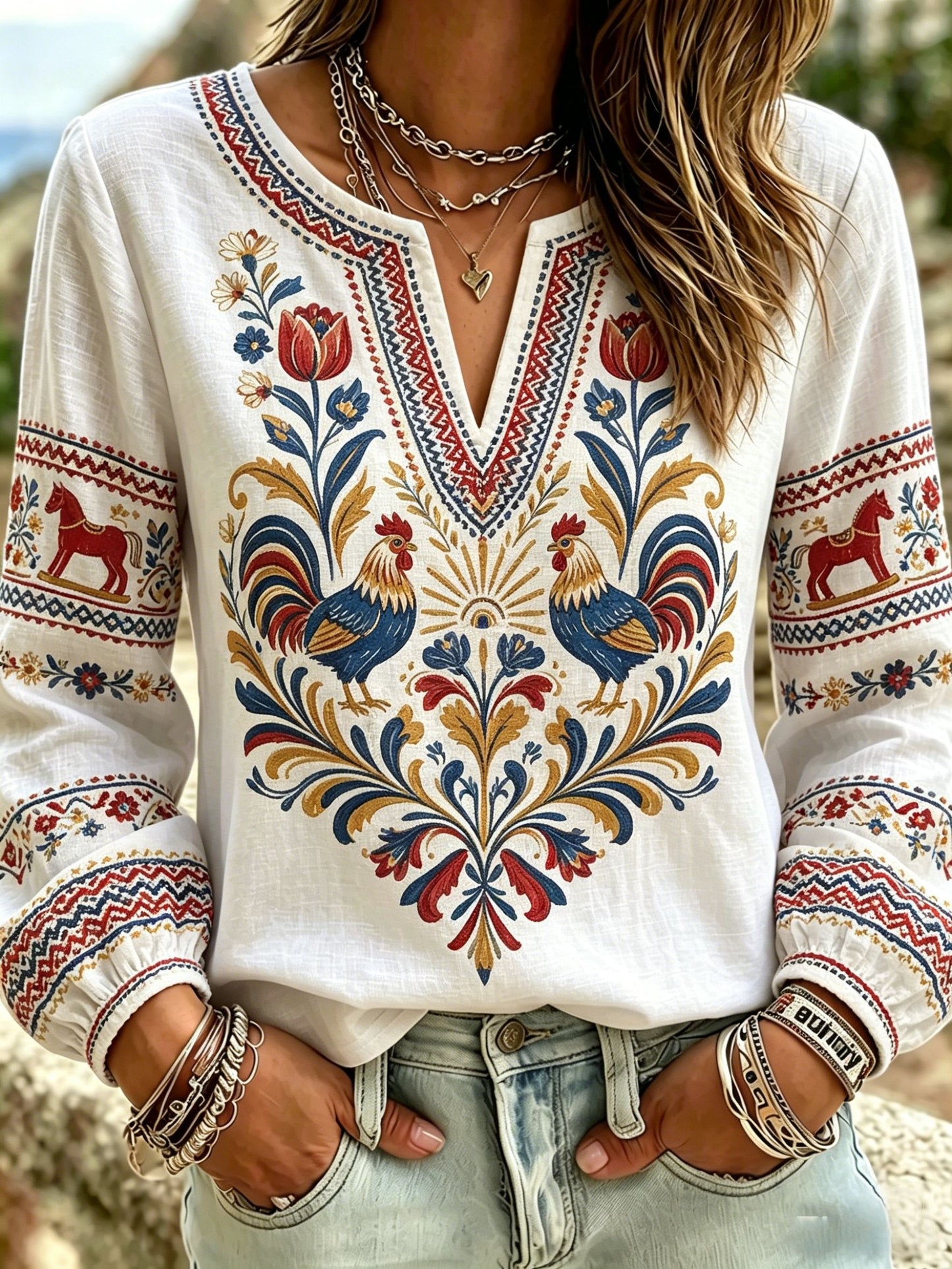 Women's Retro Swedish Midsummer Folk Floral Cotton-Linen Blouse