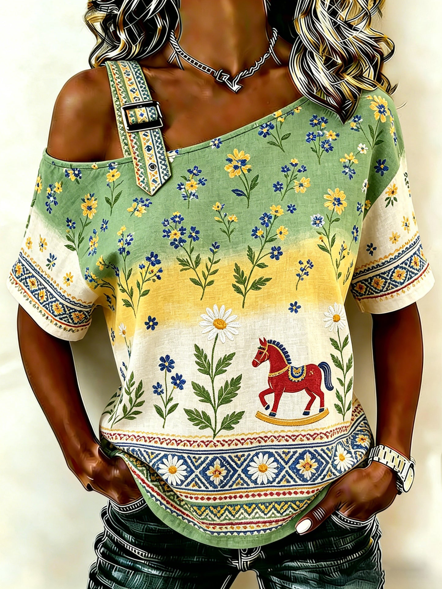 Women's Swedish Midsummer Art Print Short-Sleeve Top