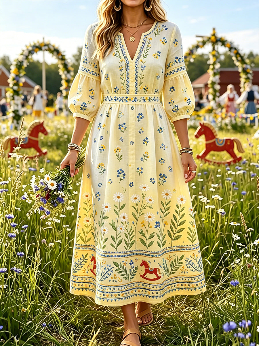 Women’s Swedish Midsummer Dala Horse Print Casual Fashion Cotton-Linen V-Neck Dress