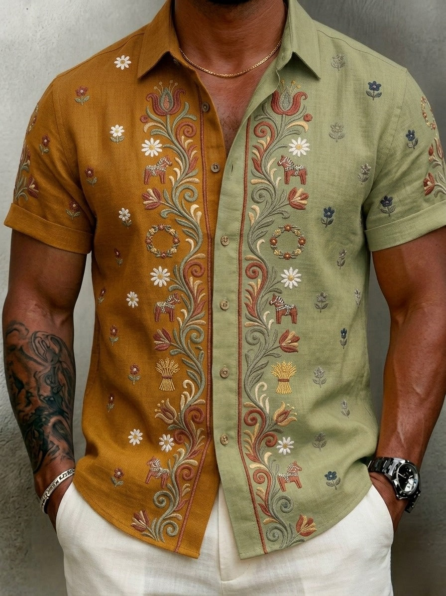 Men's Retro Swedish Midsummer Folk Floral Cotton-Linen Short-Sleeve Shirts