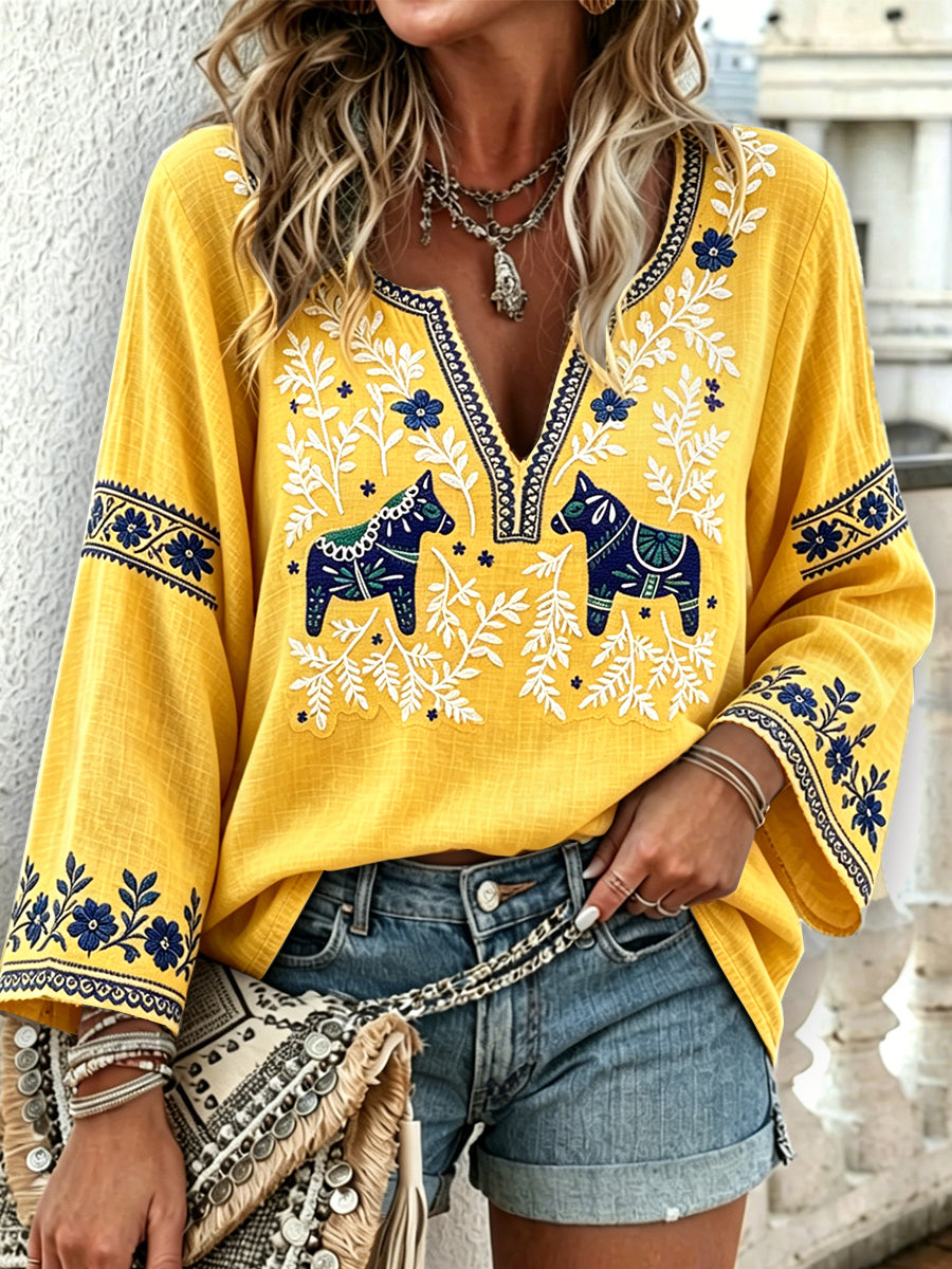 Women's Yellow Swedish Midsummer Dala Horse Print Casual V-neck Long-sleeved T-shirt