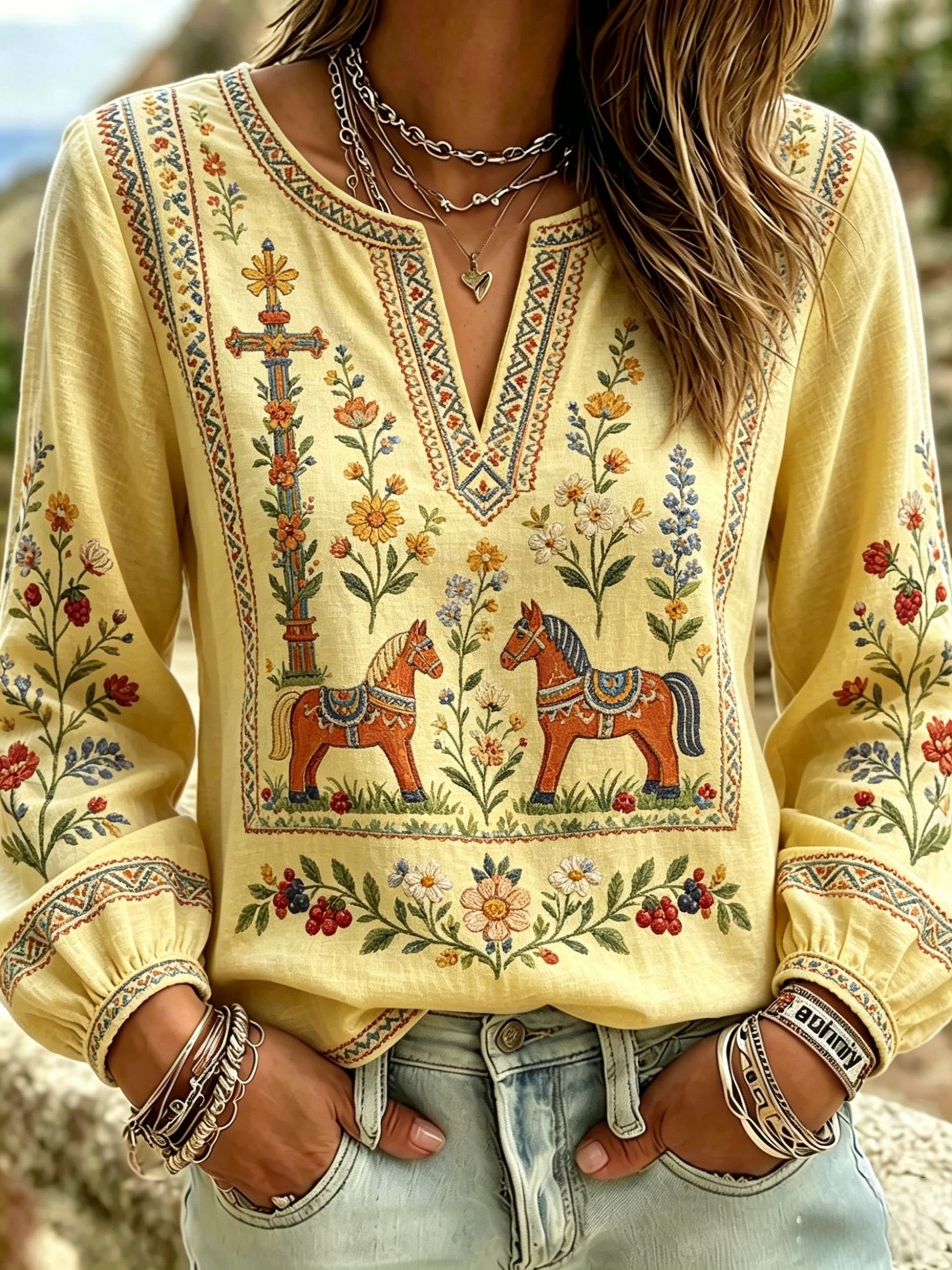 Women's Retro Swedish Midsummer Folk Floral Cotton-Linen Blouse
