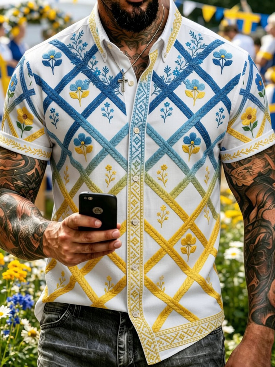 Retro Swedish Midsummer Art Print Casual Shirt