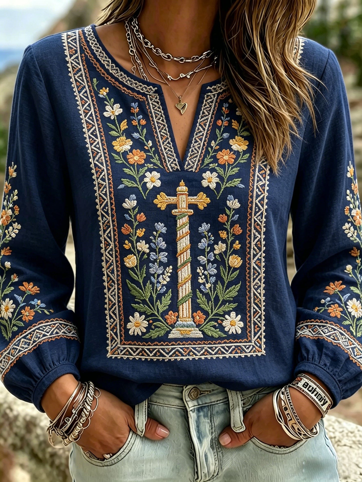 Women's Retro Swedish Midsummer Folk Floral Cotton-Linen Blouse