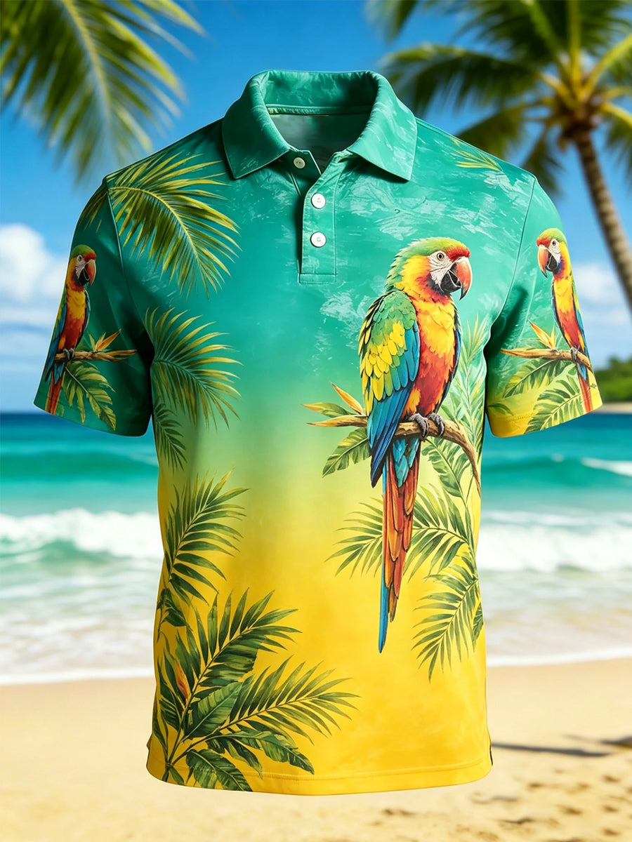 Men's Tropical Botanical Parrot Print Casual Polo