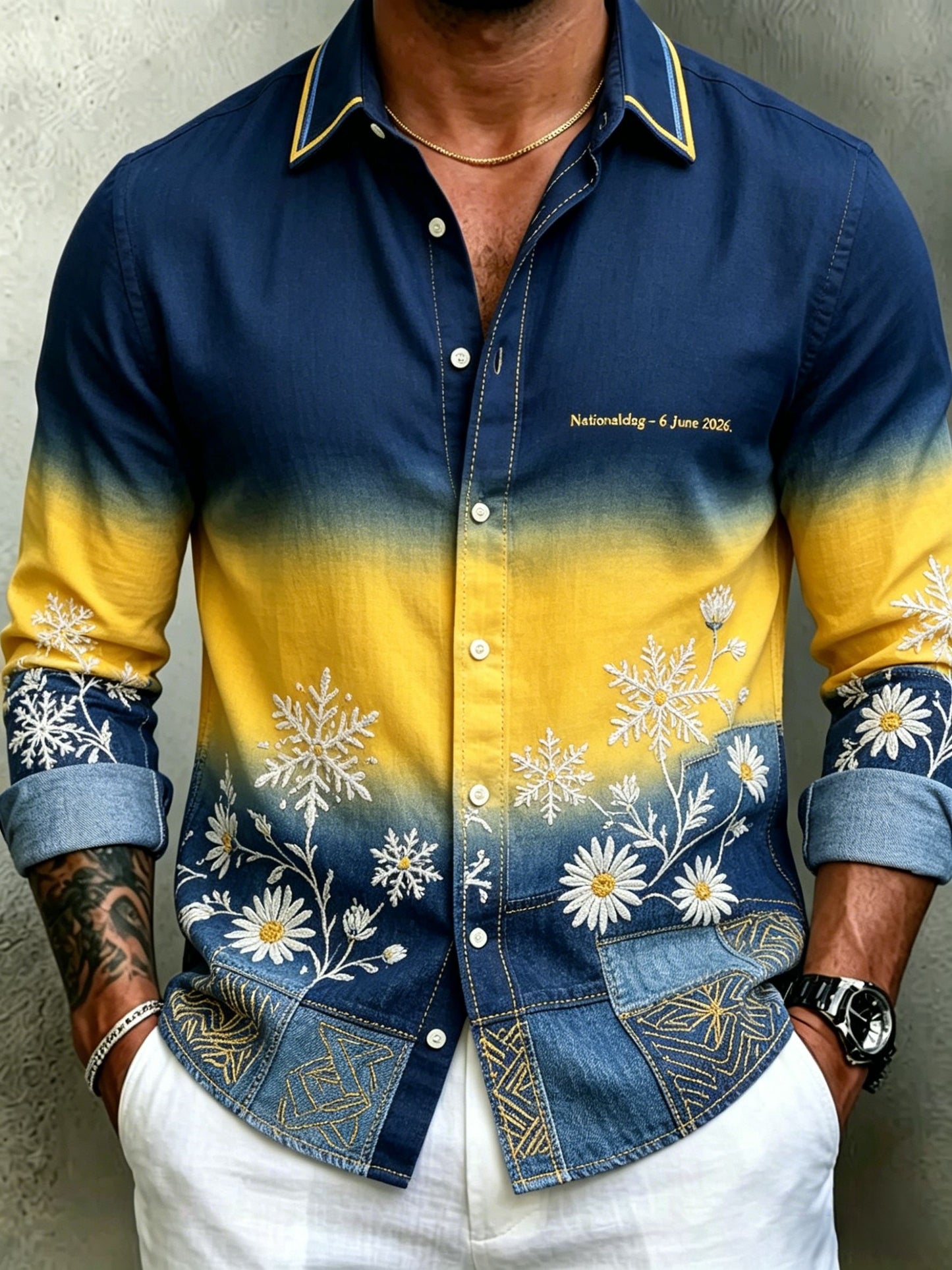 Men's Retro Swedish Midsummer Folk Floral Long-Sleeve Shirt