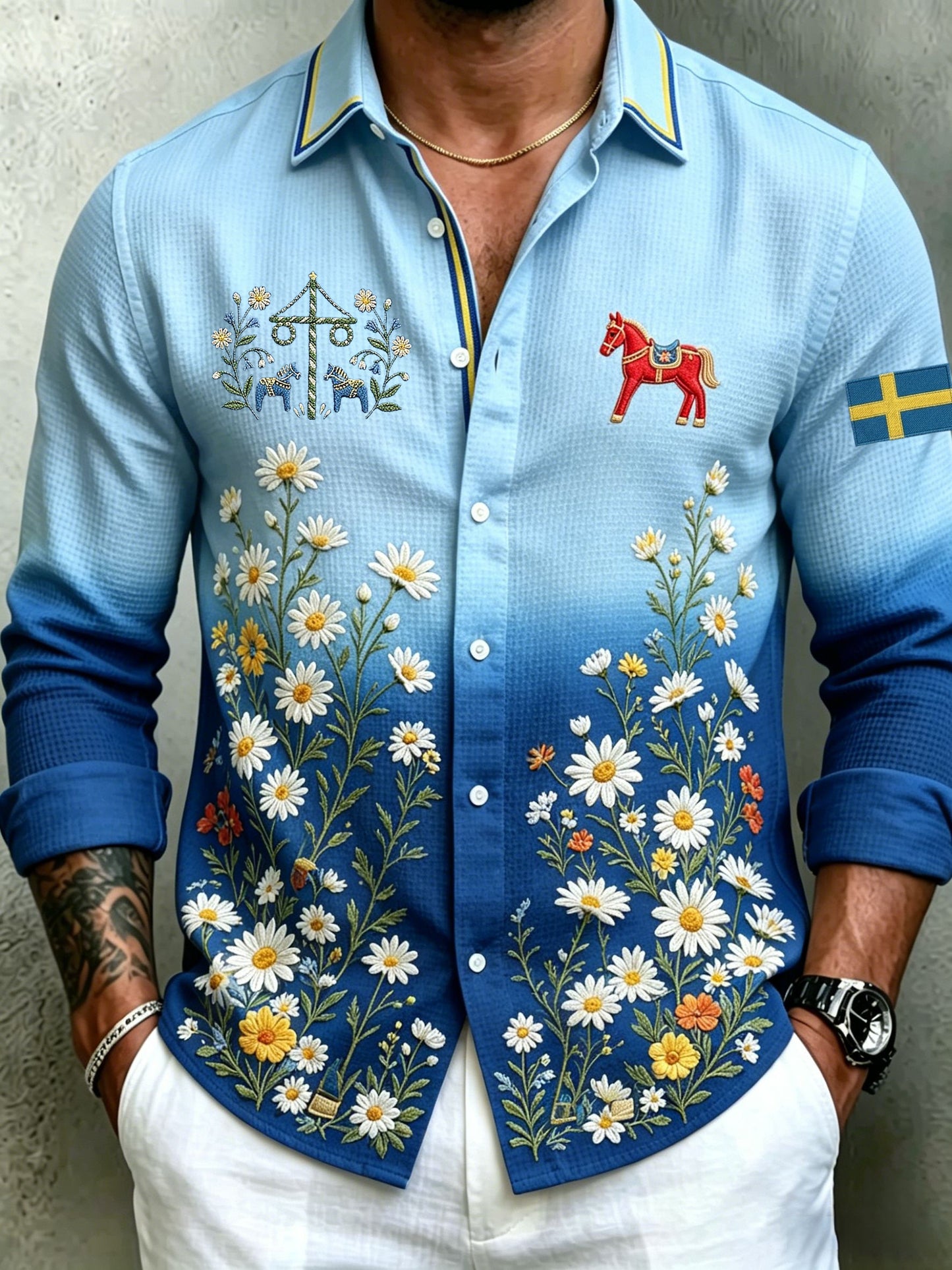 Men's Retro Swedish Midsummer Folk Floral Waffle Long-Sleeve Shirt
