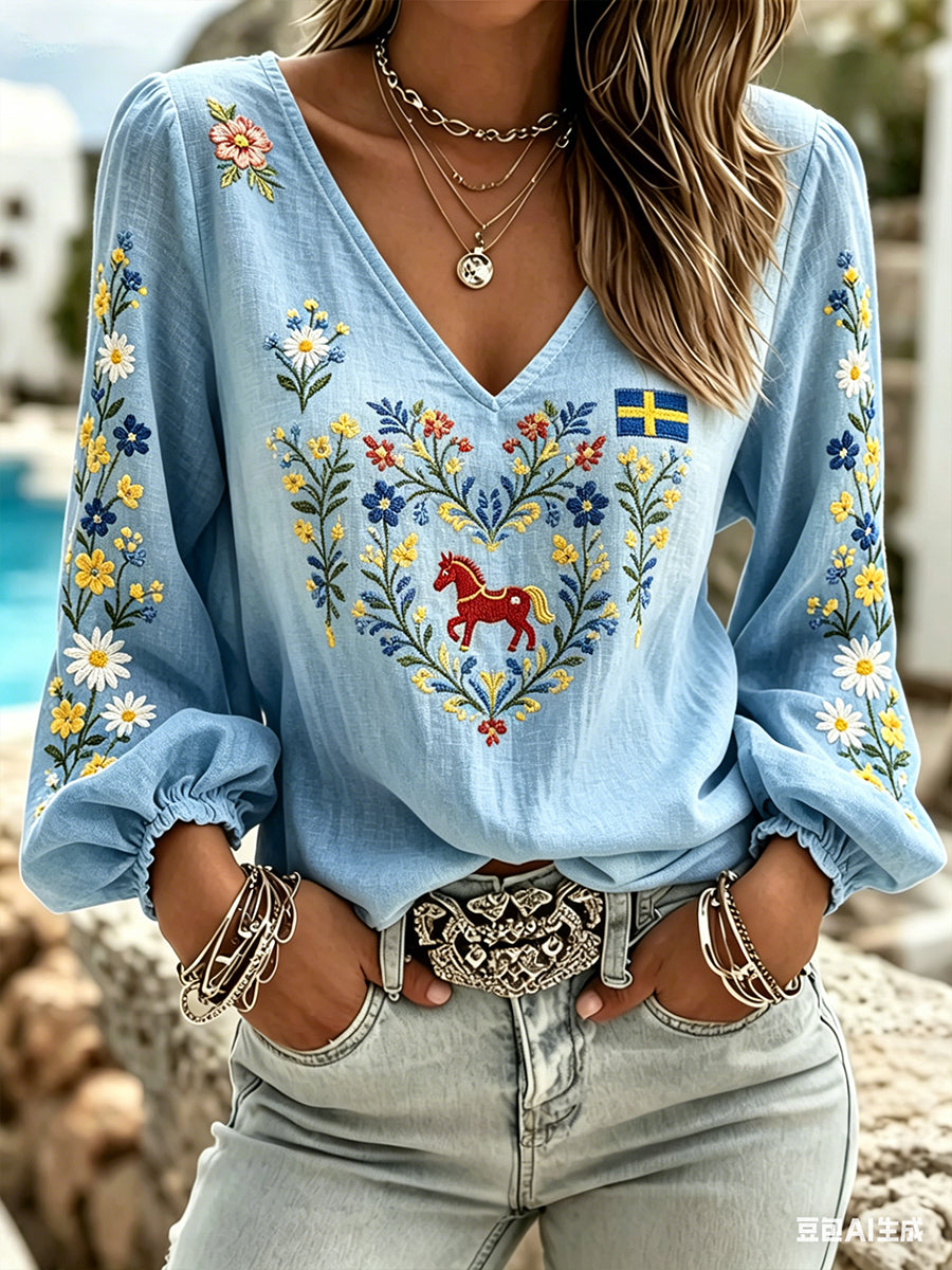 Women's Midsummer Floral Gradient V-Neck Top