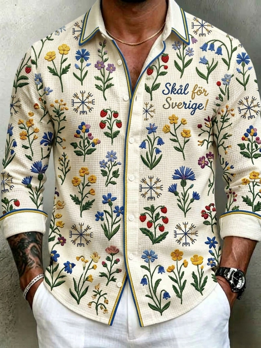Men's Retro Swedish Midsummer Folk Floral Waffle Long-Sleeve Shirt