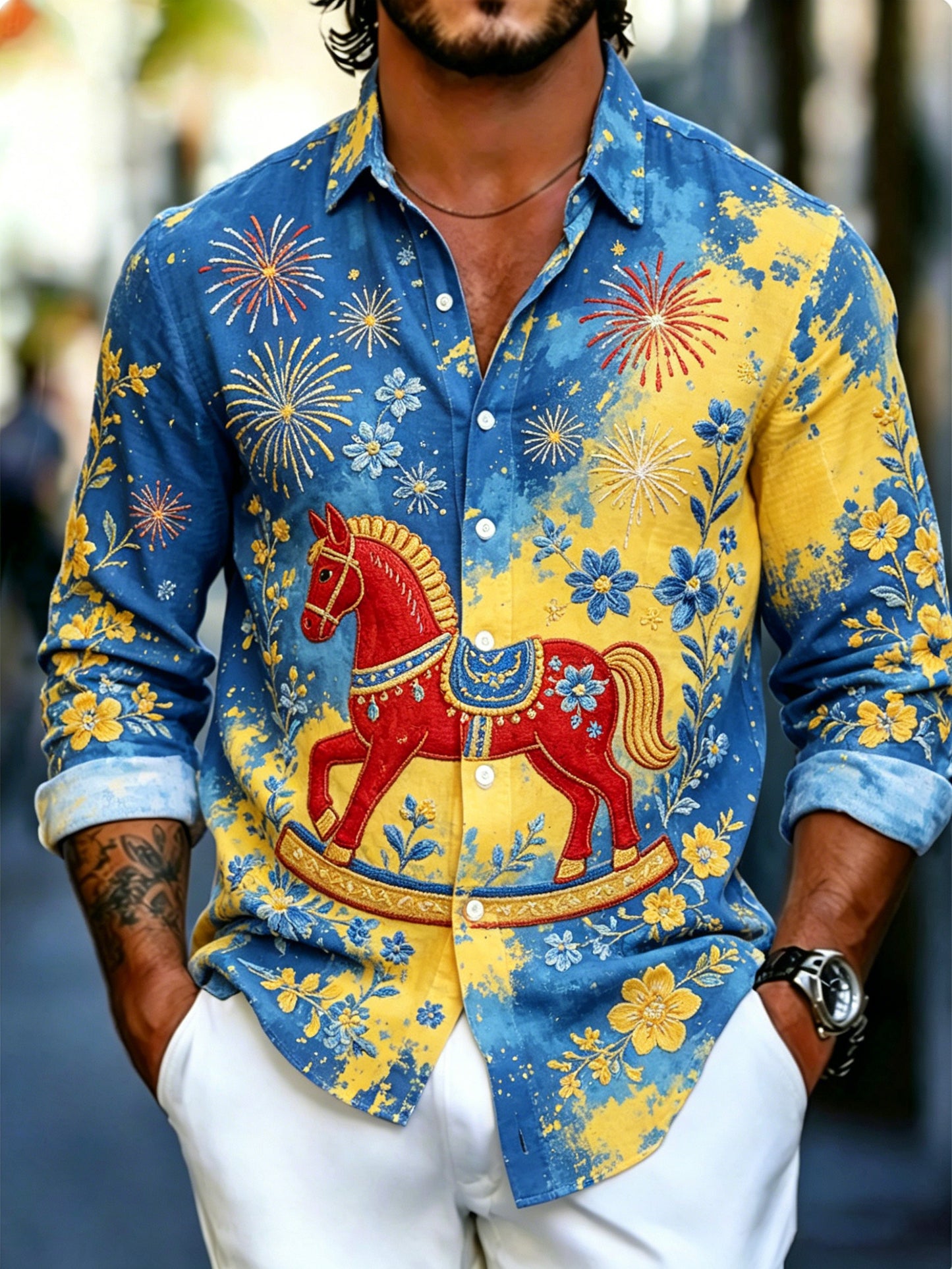 Men's Swedish Midsummer Festival Commemorative Art Print Long-Sleeve Shirt