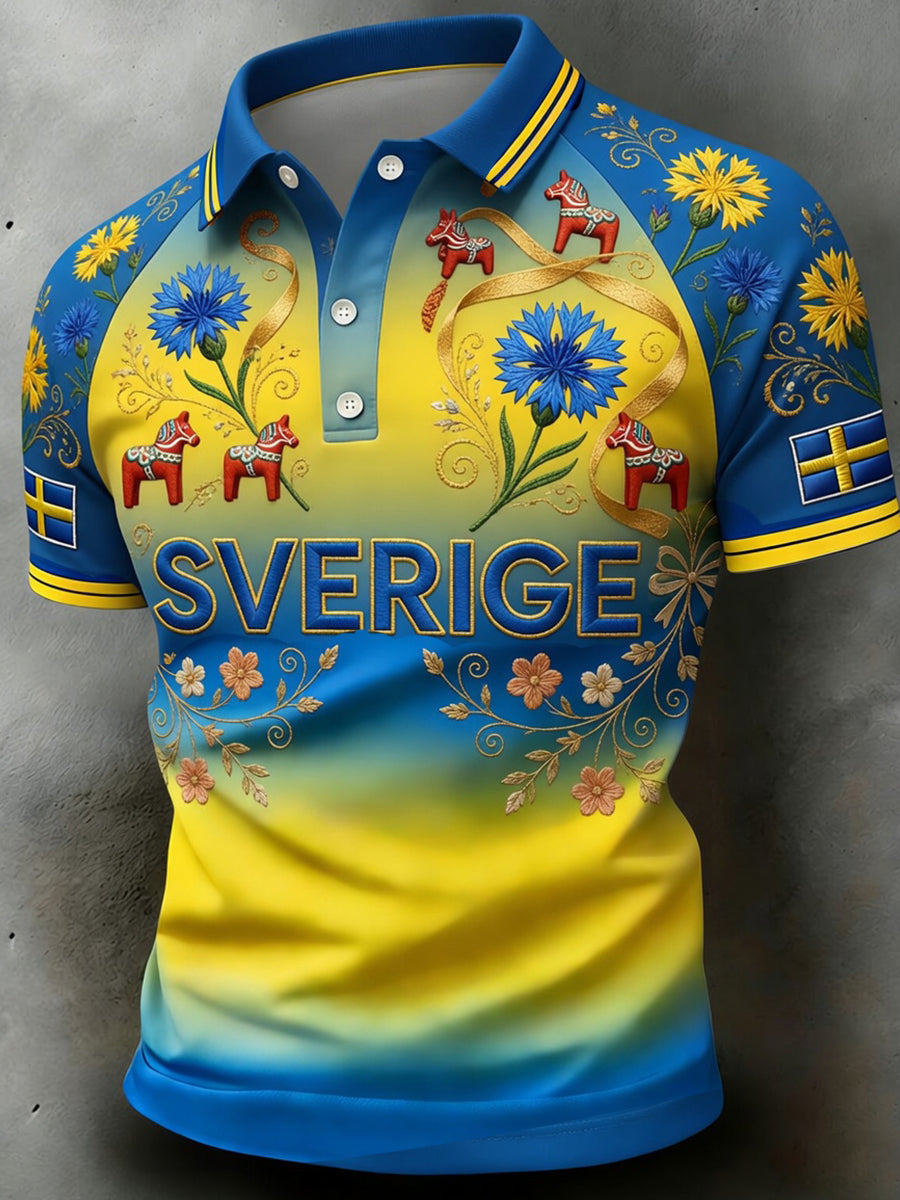 Men's Retro Swedish Art Print Casual Polo Shirt