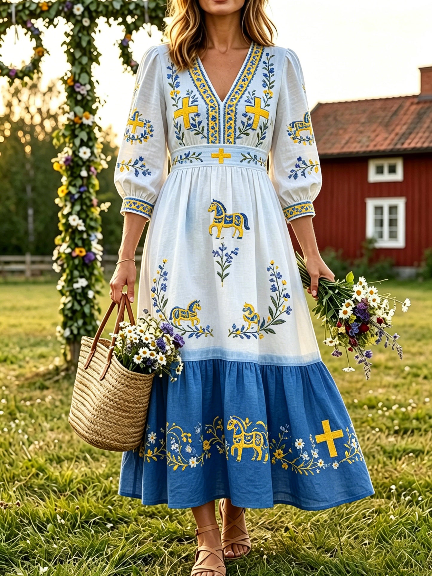 Women's Swedish Midsummer Festival Commemorative Art Print Dress