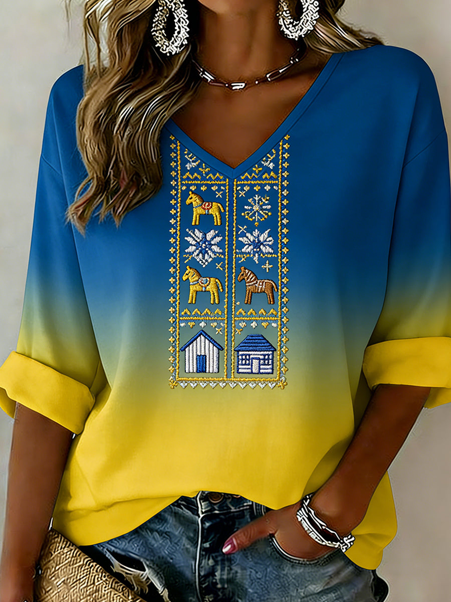 Women's Retro Swedish Art Print Casual Top