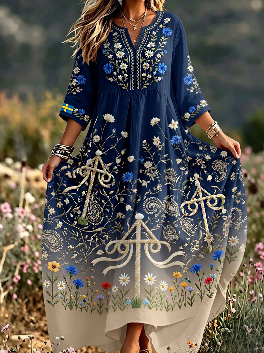 Women's Retro Swedish Art Print Casual Cotton Linen Dress
