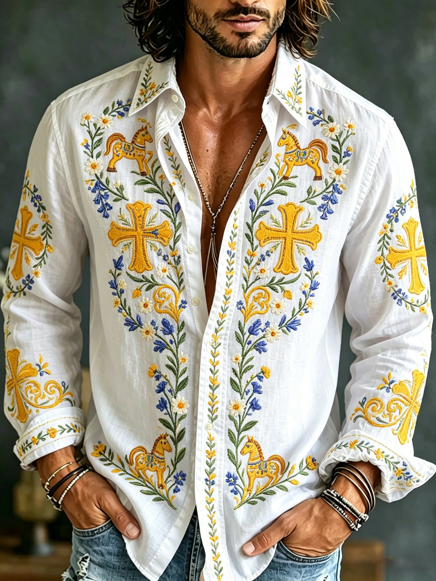Men's Swedish Midsummer Festival Commemorative Art Print Long-Sleeve Shirt