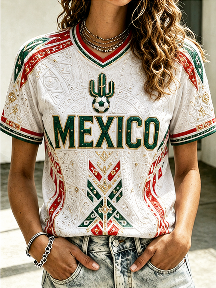Women's Mexico Football Printed V-neck off-shoulder short-sleeved T-shirt