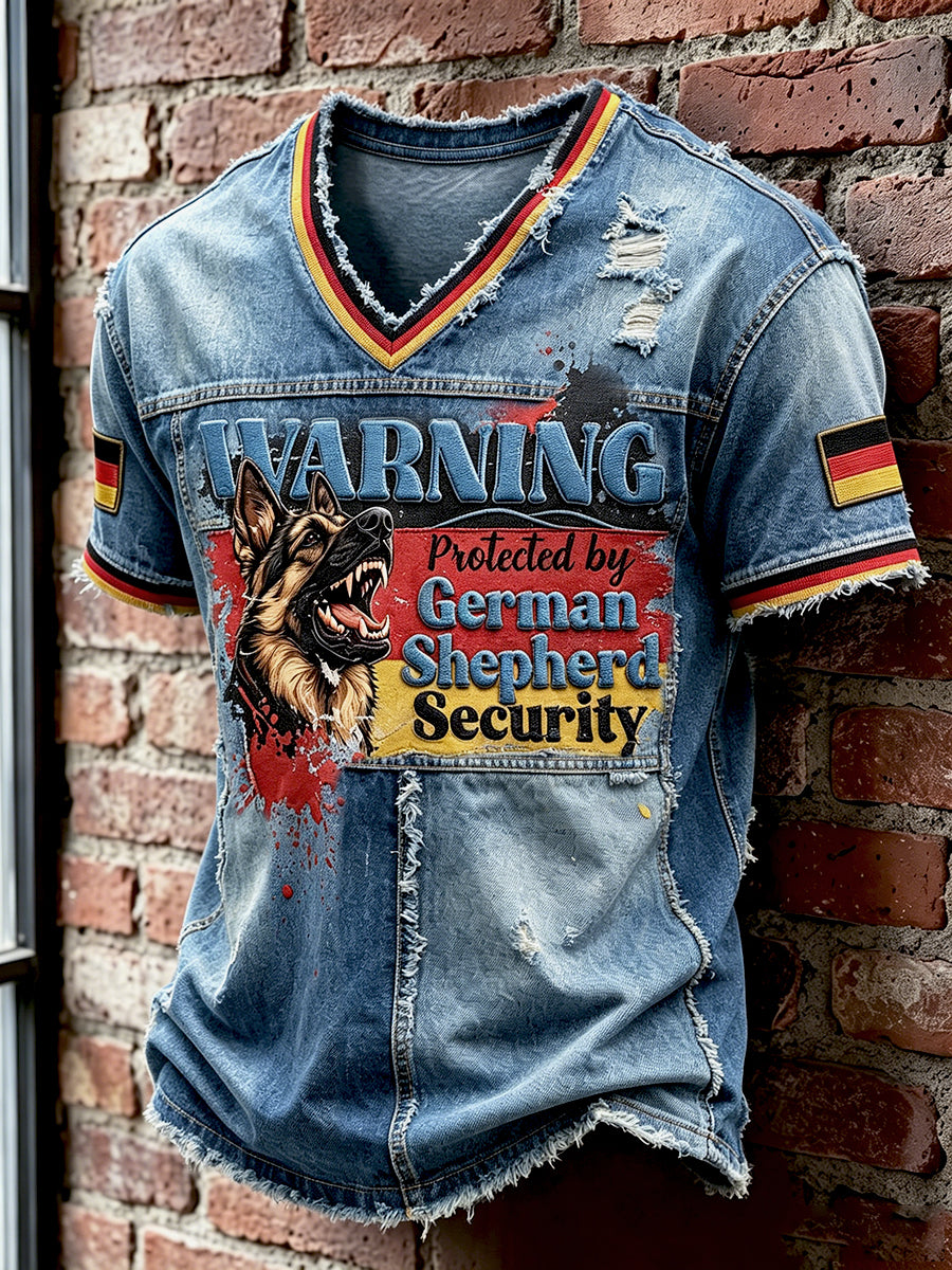 Men’s German Flag German Shepherd Denim Patchwork Print Casual T-shirt