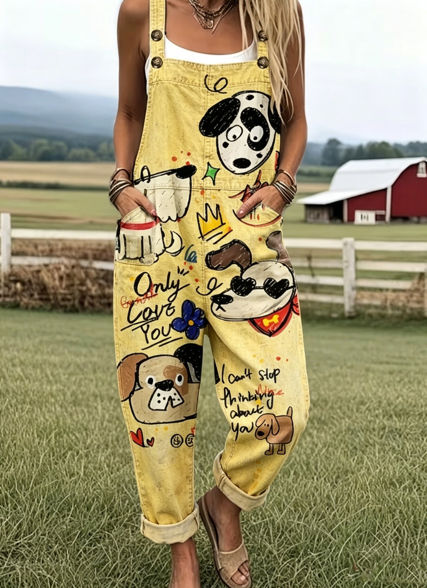Women's Vintage Animal Dog Print Casual Strap Pants
