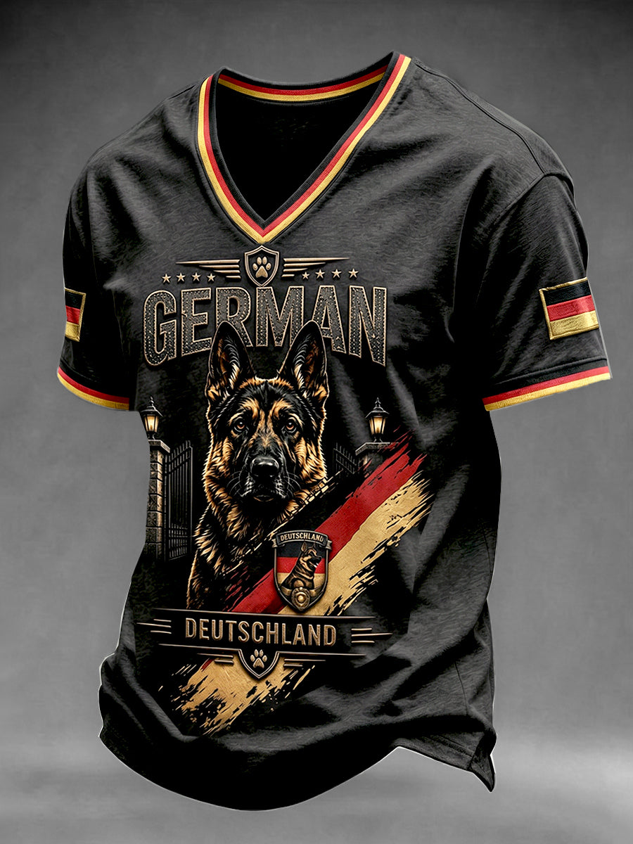 Men’s German Flag German Shepherd Print Casual V-neck T-shirt