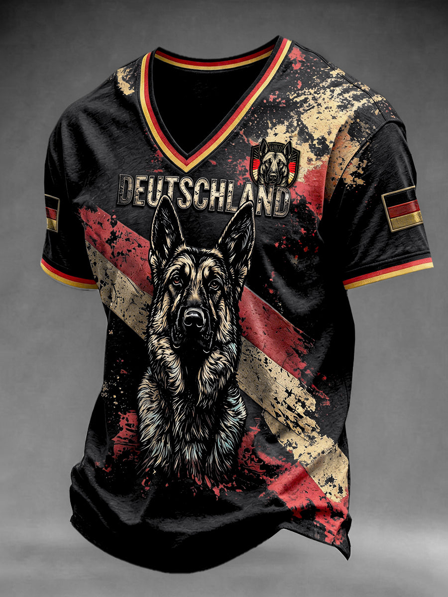 Men’s Black German Flag German Shepherd Print Casual V-neck T-shirt