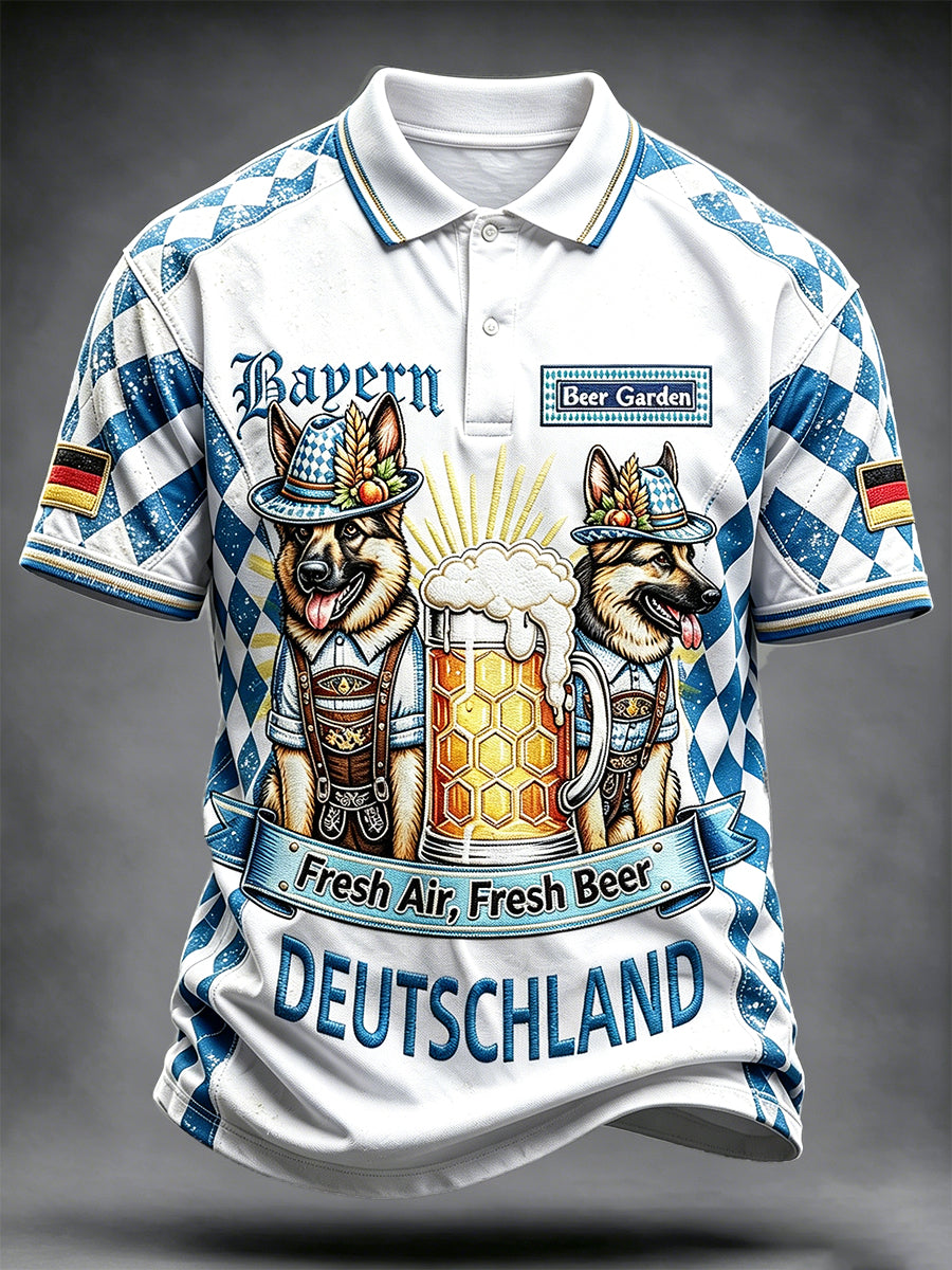 Men’s Bavarian Dog Beer Patchwork Print Casual Polo Shirt