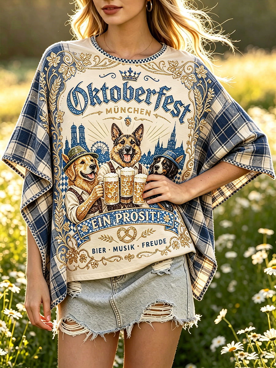 Women’s German Bavarian Cute Dog Checked Patchwork Print Casual Loose-Fit T-shirt
