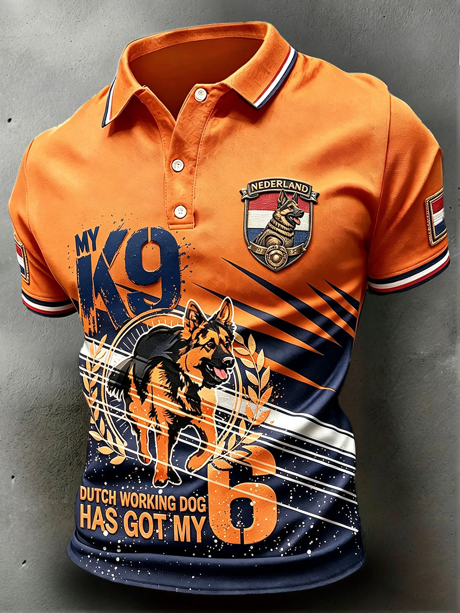 Men’s Dutch Veteran Workwear Dog Graffiti Print Casual Polo Shirt