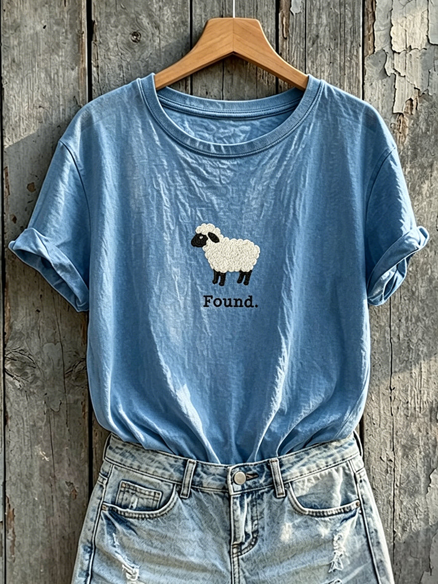 Women's Vintage Found Sheep Faith Print Round Neck Short-sleeved T-shirt