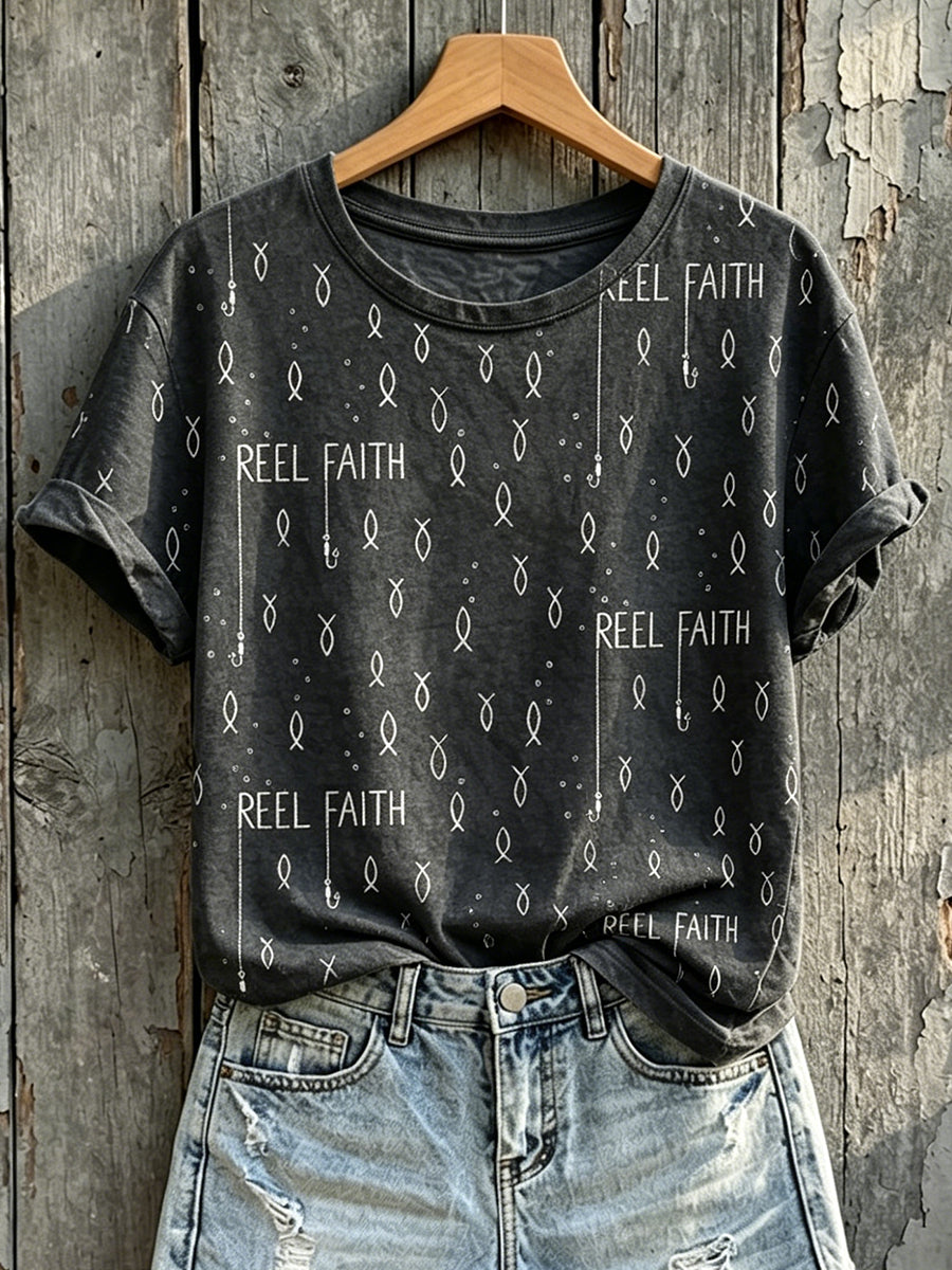 Women's Reel Faith Christian Fishing Print Short-sleeved T-shirt