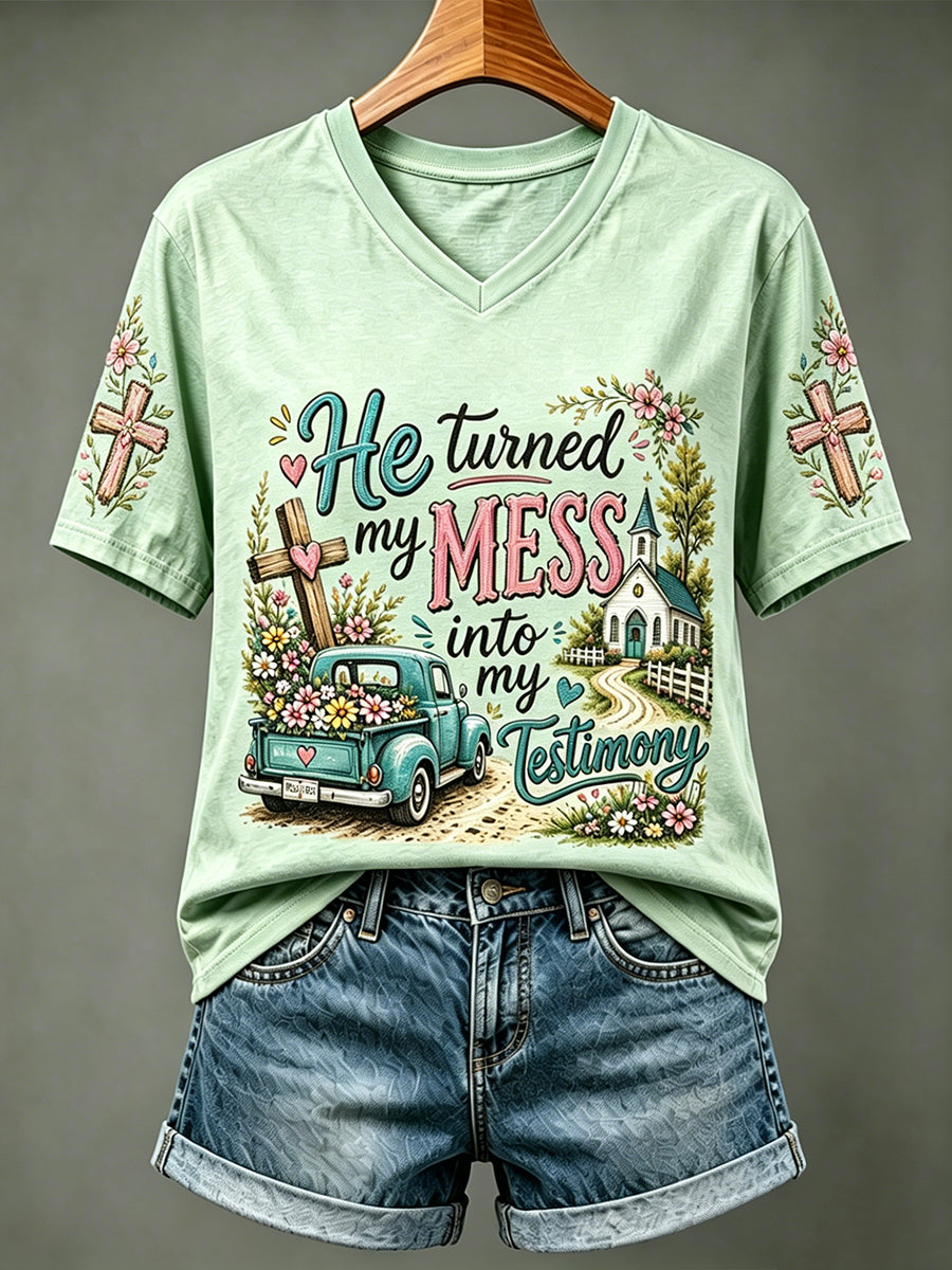 Women's He Turned My Mess Into Testimony Print Short-sleeved T-shirt