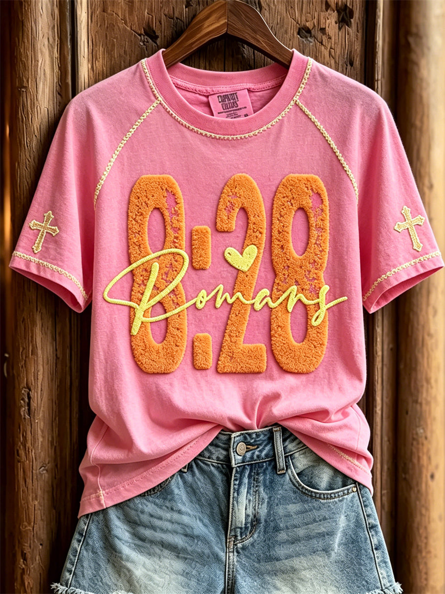 Women's Bible Verse Romans 8:28 & Cross Print Christian short sleeve T-shirt