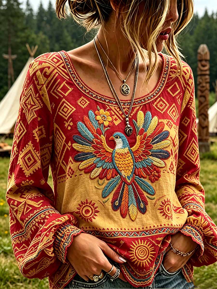Women's Vintage Tribal Texture Print Casual T-Shirt