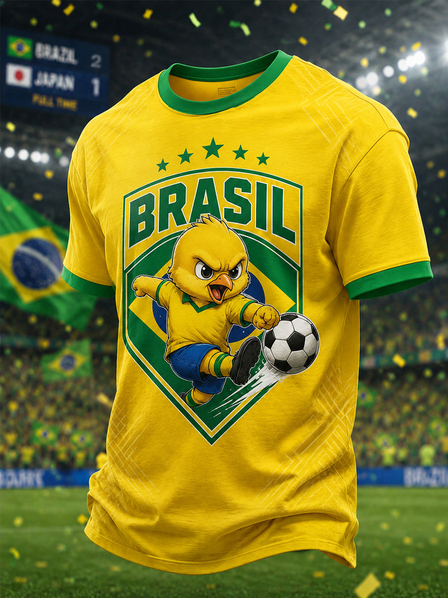 Men's Brasil Canarinho Print Gift For Football Fans Casual Tee