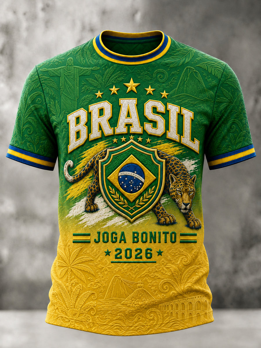 Men's Brazil Football Fan Gift Printed Short Sleeve T-Shirt